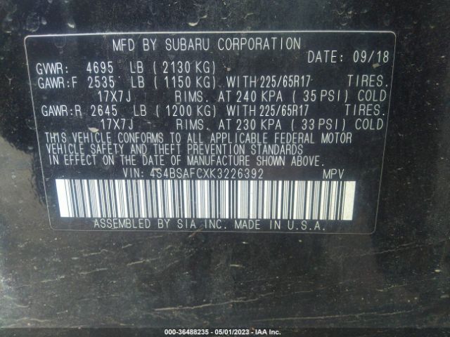 4S4BSAFCXK3226392 Subaru Outback Premium