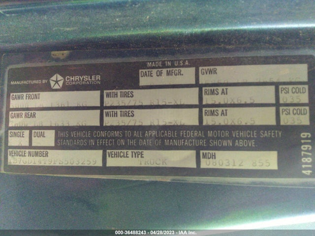 1985 DODGE D-SERIES D100/D150 VIN: 1B7GD14T9FS503259