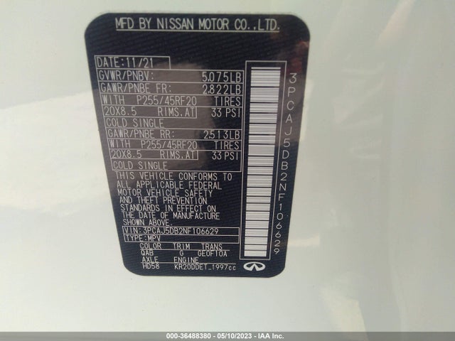 2022 Infiniti QX50, VIN: 3PCAJ5DB2NF106629