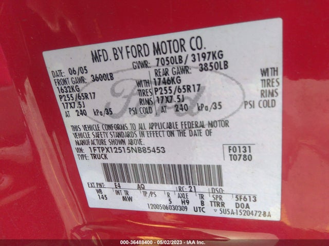 2005 FORD F-150 XLT/LARIAT/XL VIN: 1FTPX12515NB85453