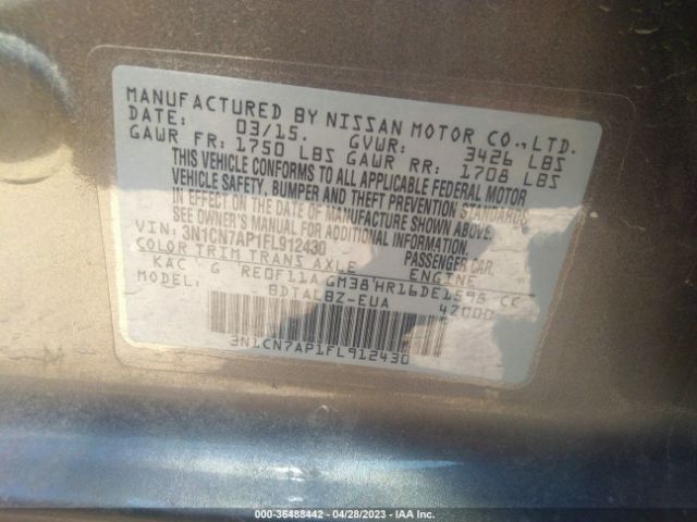 3N1CN7AP1FL912430 Nissan VERSA SV