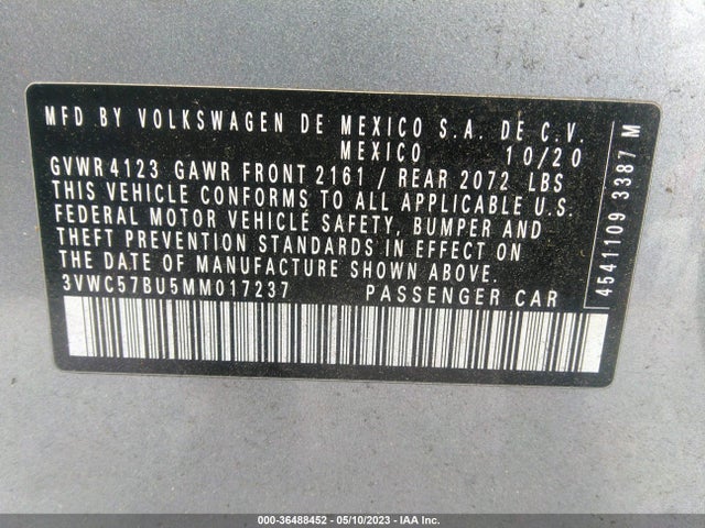 3VWC57BU5MM017237 Volkswagen Jetta S/se/r-line