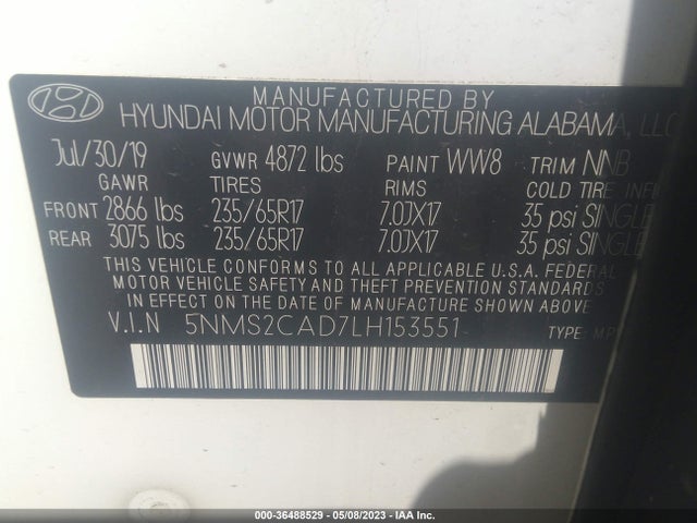 2020 HYUNDAI SANTA FE SE VIN: 5NMS2CAD7LH153551