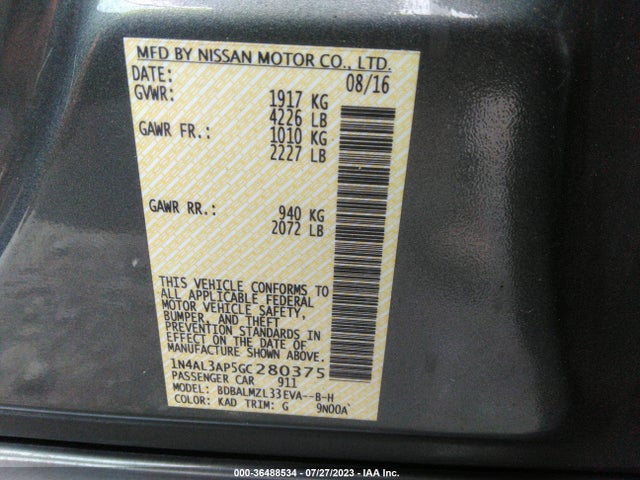 2016 NISSAN ALTIMA 2.5 SV VIN: 1N4AL3AP5GC280375