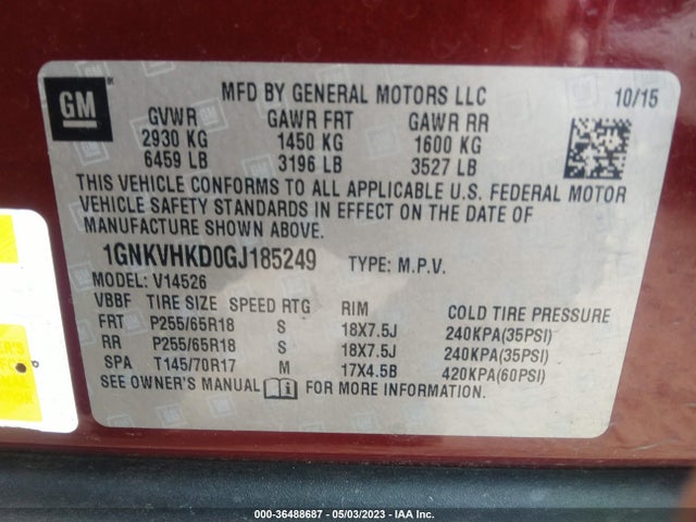 Chevrolet Traverse Lt 2016 1GNKVHKD0GJ185249 Image 9