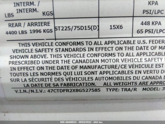 2008 FRDOM SPRT FS290GS VIN: 47CTDFR2X8G527585