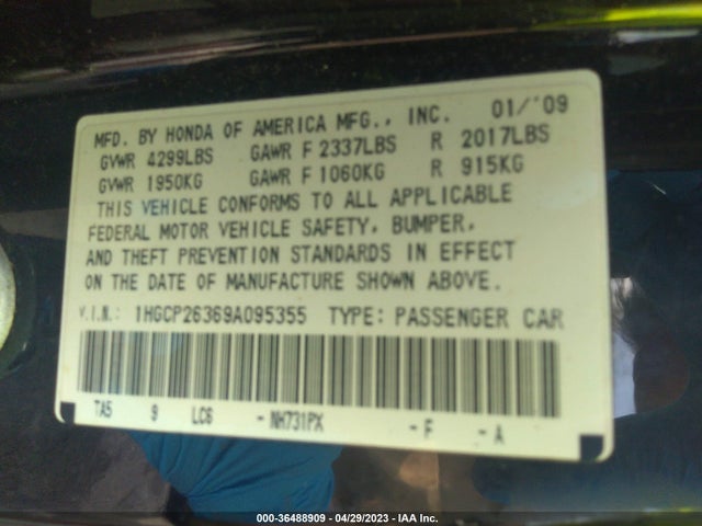 2009 HONDA ACCORD SDN LX VIN: 1HGCP26369A095355