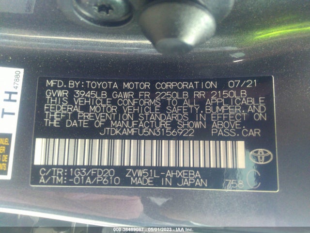 2022 TOYOTA PRIUS L VIN: JTDKAMFU5N3156922
