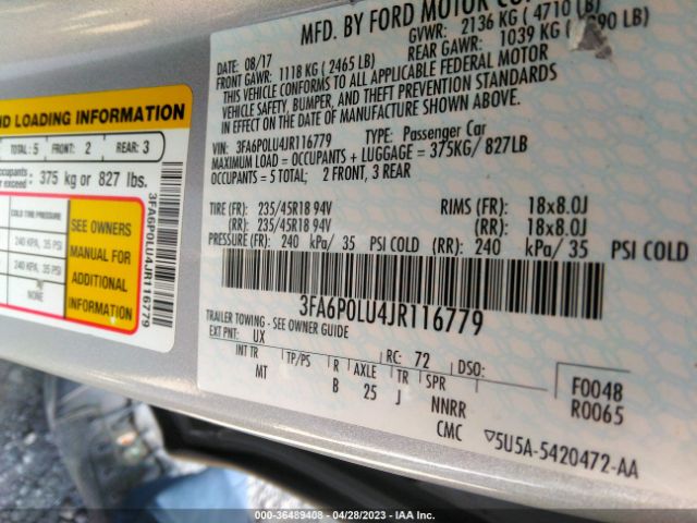 3FA6P0LU4JR116779 Ford Fusion Hybrid Se
