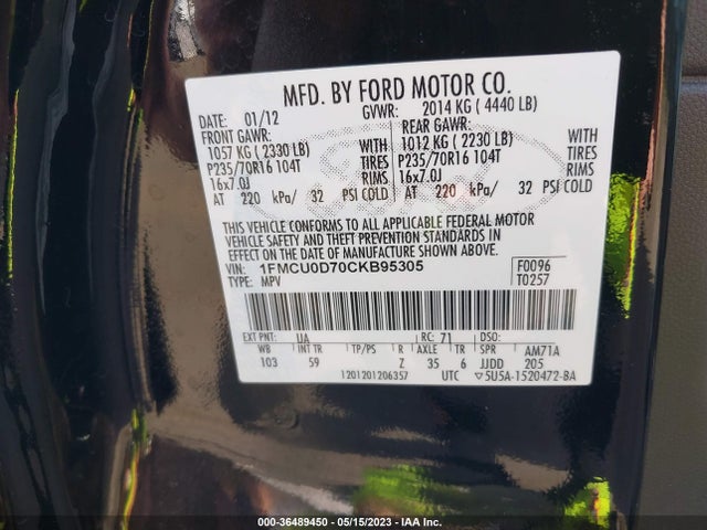2012 FORD ESCAPE XLT VIN: 1FMCU0D70CKB95305