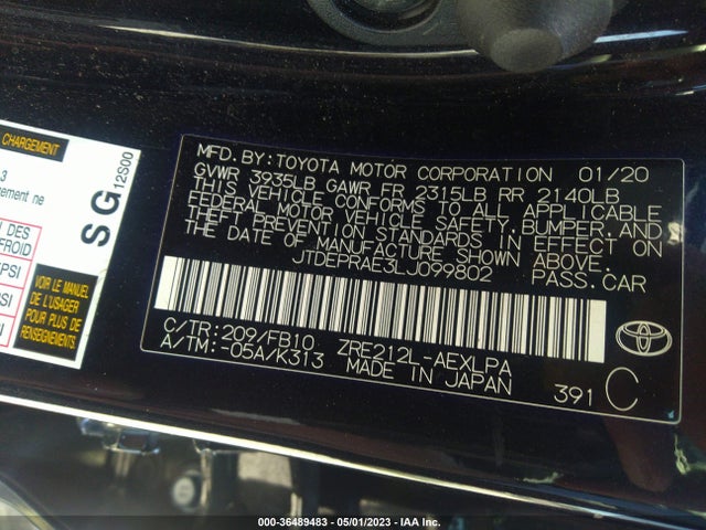 2020 TOYOTA COROLLA LE VIN: JTDEPRAE3LJ099802