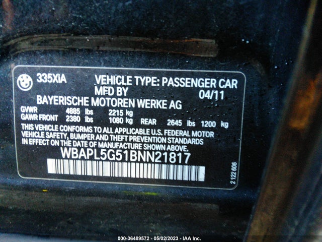 2011 BMW 3 SERIES 335I XDRIVE VIN: WBAPL5G51BNN21817