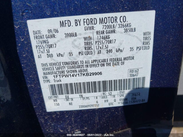 2007 FORD F-150 XLT/FX4/LARIAT/KING RANCH VIN: 1FTPW14V17KB29906
