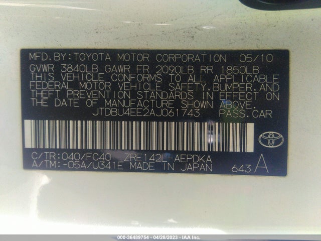 2010 TOYOTA COROLLA VIN: JTDBU4EE2AJ061743