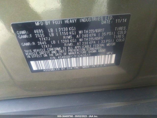 Subaru Outback 2.5i Premium 2015 4S4BSBFC7F3263511 Image 10
