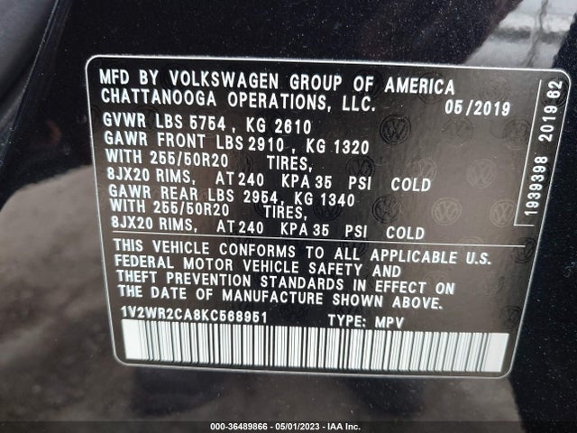 1V2WR2CA8KC568951 Volkswagen Atlas 3.6l V6 Se W/technology