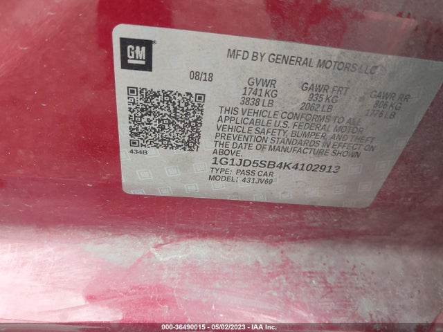 Chevrolet SONIC LT 2019 1G1JD5SB4K4102913 Image 9