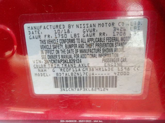 3N1CN7AP3KL829124 Nissan Versa Sedan Sv