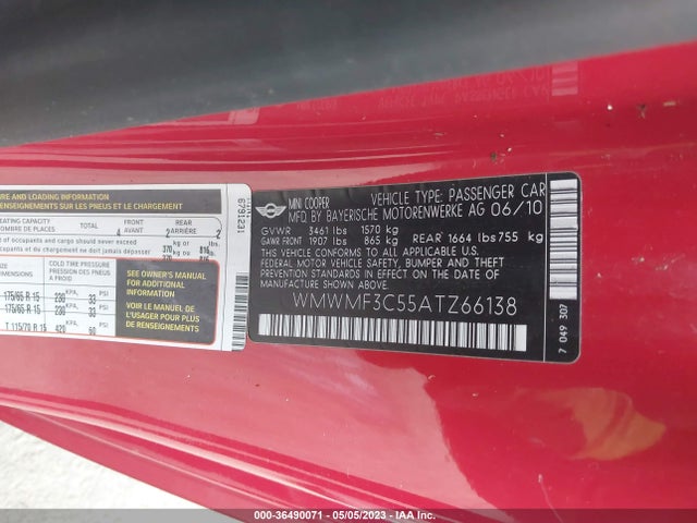 2010 MINI COOPER HARDTOP VIN: WMWMF3C55ATZ66138