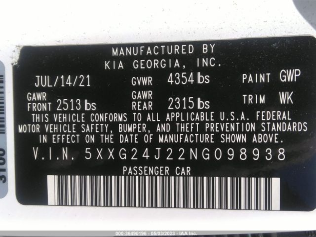 5XXG24J22NG098938 KIA K5 LX