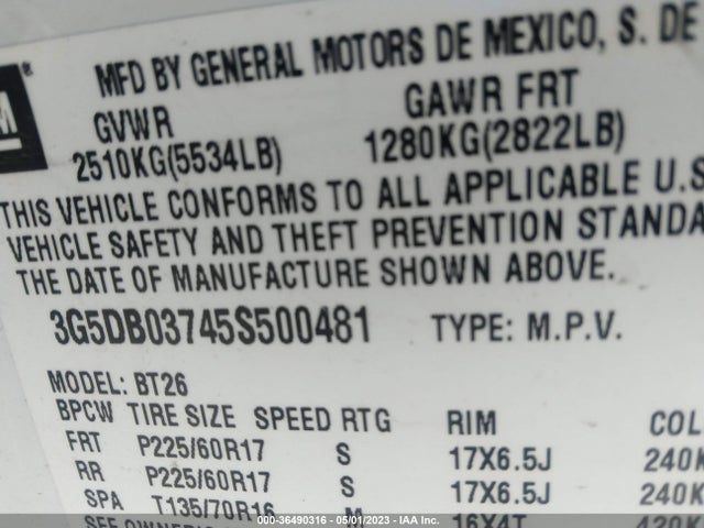 2005 BUICK RENDEZVOUS VIN: 3G5DB03745S500481