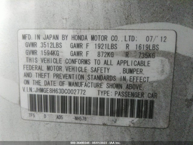 2013 HONDA FIT SPORT VIN: JHMGE8H63DC002772