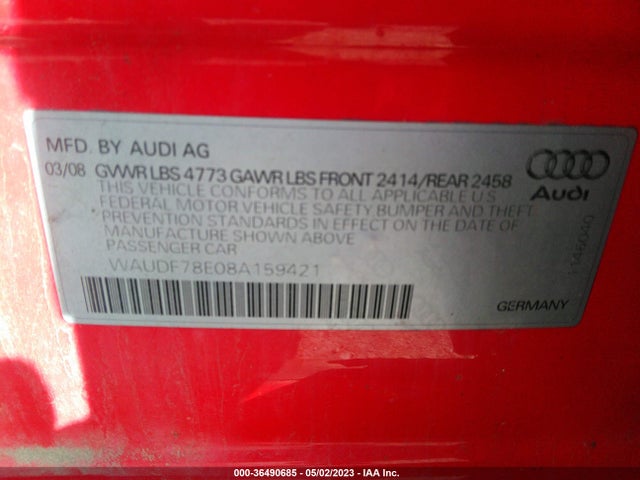 36490685 :رقم المزاد ، WAUDF78E08A159421 vin ، 2008 Audi A4 2.0t/se 2.0t مزاد بيع