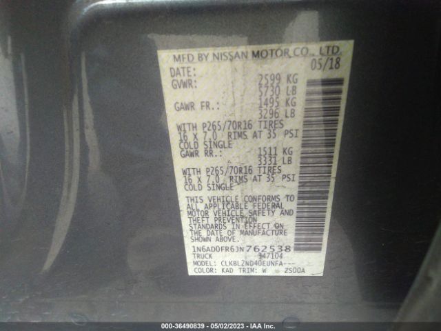 1N6AD0FR6JN762538 Nissan Frontier Sv V6