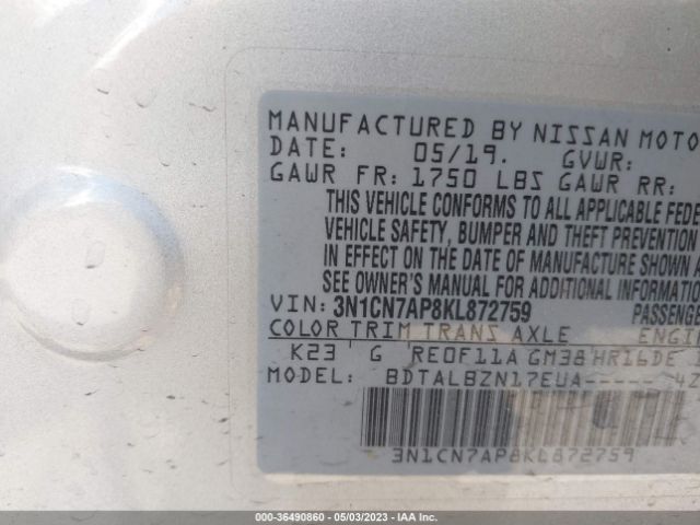 3N1CN7AP8KL872759 Nissan Versa Sedan Sv