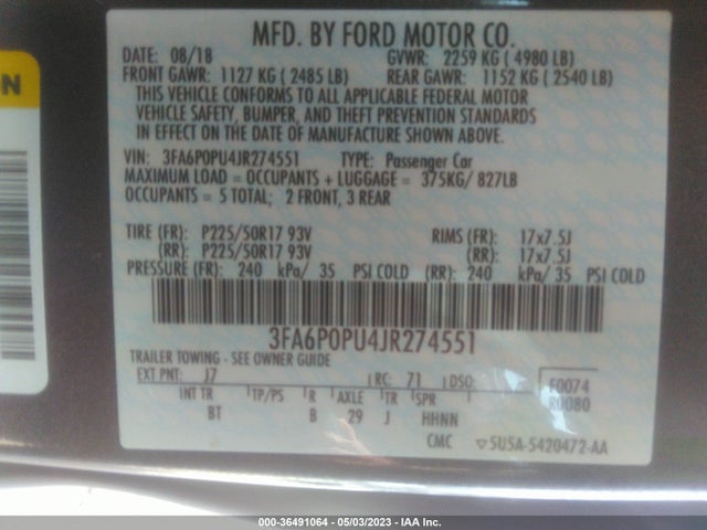 2018 Ford Fusion, VIN: 3FA6P0PU4JR274551