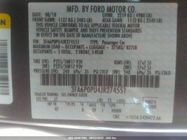 3FA6P0PU4JR274551 Ford Fusion Energi Se