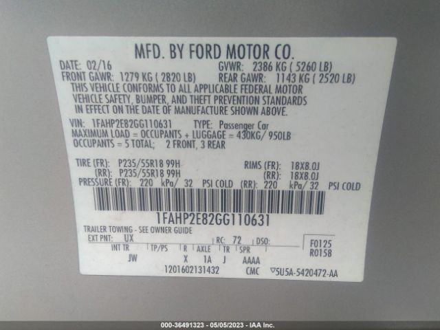 1FAHP2E82GG110631 Ford TAURUS SEL