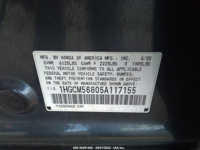 2005 HONDA ACCORD SDN EX-L VIN: 1HGCM56805A117155