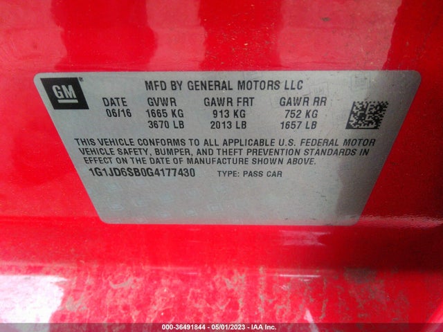 Chevrolet SONIC LT 2016 1G1JD6SB0G4177430 Image 9