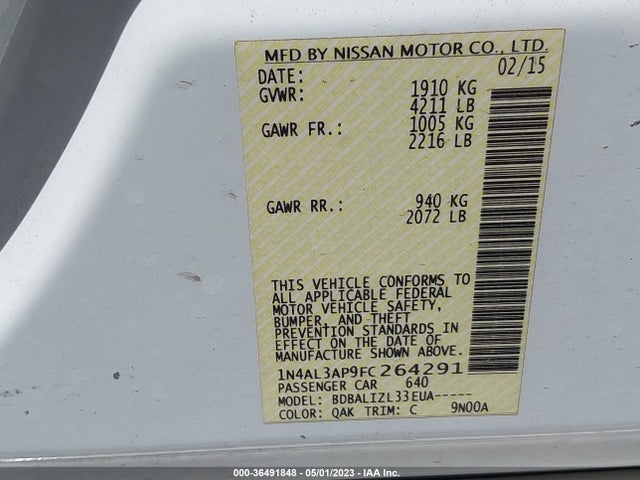Nissan Altima 2.5 Sv 2015 1N4AL3AP9FC264291 Image 9