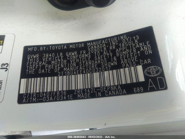 2013 TOYOTA COROLLA L/LE/S VIN: 2T1BU4EE4DC032017