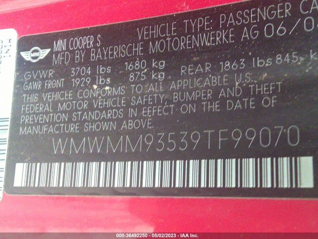 2009 MINI COOPER CLUBMAN JOHN COOPER WORKS VIN: WMWMM93539TF99070