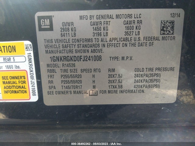 Chevrolet Traverse Lt 2015 1GNKRGKD0FJ241008 Image 11