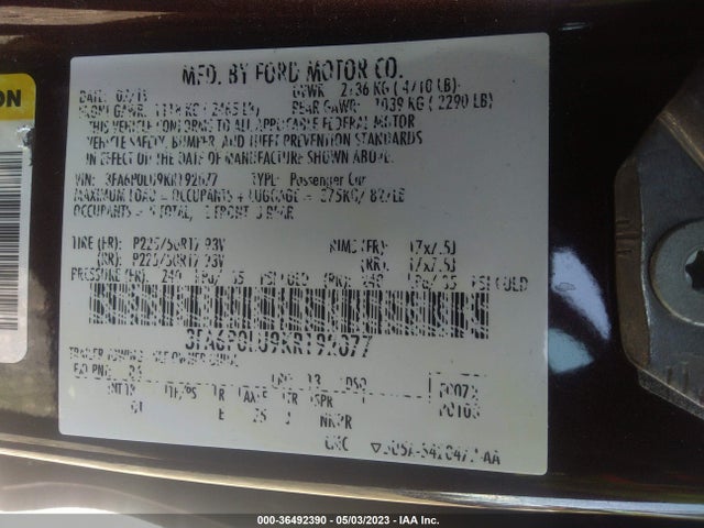 2019 FORD FUSION HYBRID SE VIN: 3FA6P0LU9KR192077