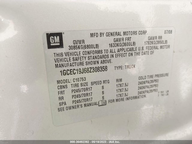 2008 CHEVROLET SILVERADO 1500 LT W/1LT VIN: 1GCEC19J68Z308358