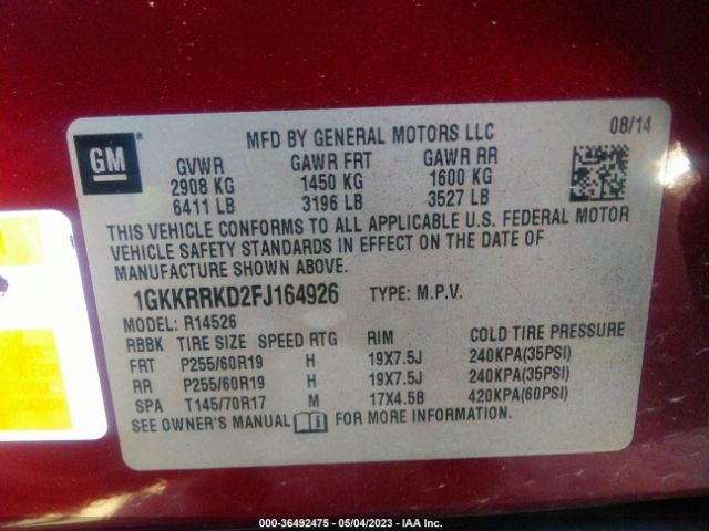 1GKKRRKD2FJ164926 GMC ACADIA SLT