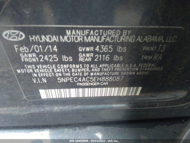 2014 HYUNDAI SONATA SE VIN: 5NPEC4AC5EH888087