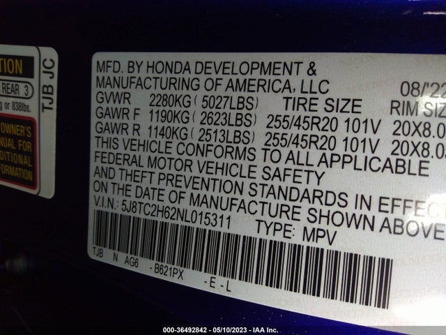 5J8TC2H62NL015311 Acura Rdx W/a-spec Package