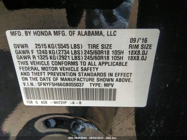 Honda Pilot Ex-l 2016 5FNYF5H66GB055037 Image 9