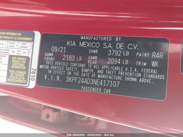 3KPF24AD3NE417107 KIA Forte Lxs
