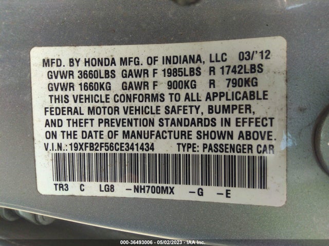 2012 HONDA CIVIC SDN LX VIN: 19XFB2F56CE341434