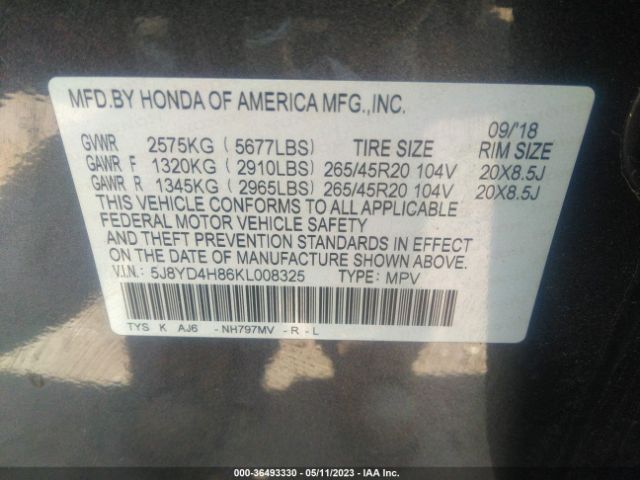 5J8YD4H86KL008325 Acura Mdx W/advance Pkg