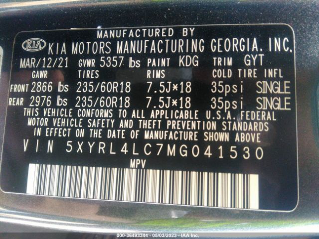 5XYRL4LC7MG041530 KIA SORENTO S