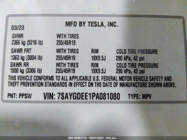2023 TESLA MODEL Y LONG RANGE VIN: 7SAYGDEE1PA081080