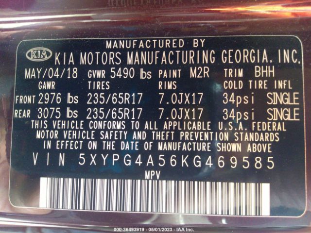 5XYPG4A56KG469585 KIA Sorento Lx V6